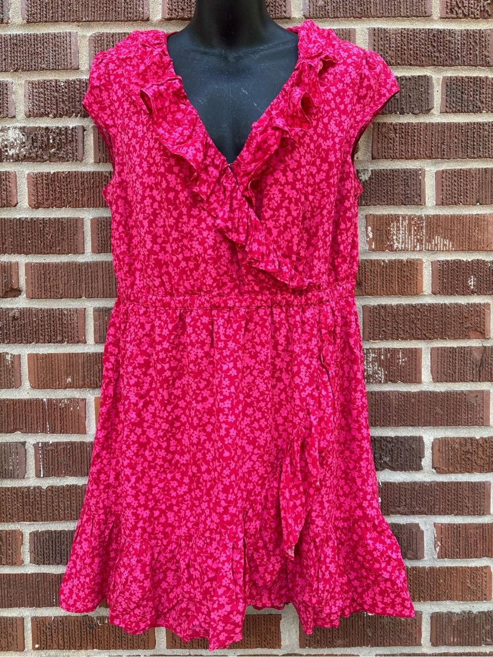J Crew Sz 8 Red Pink Floral Tossed Bouquet Ruffle Dress Faux Wrap V Neck